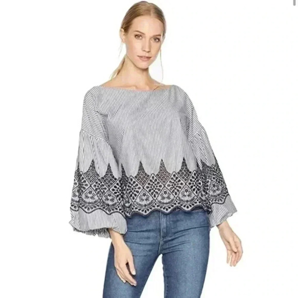 BCBGMAXAZRIA | Striped Cropped Bell Puff Sleeve Embroidered Blouse Size XS Boho - Picture 1 of 6